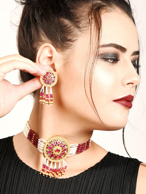 Ravishing White And Maroon Choker Necklace Set - Rajwada