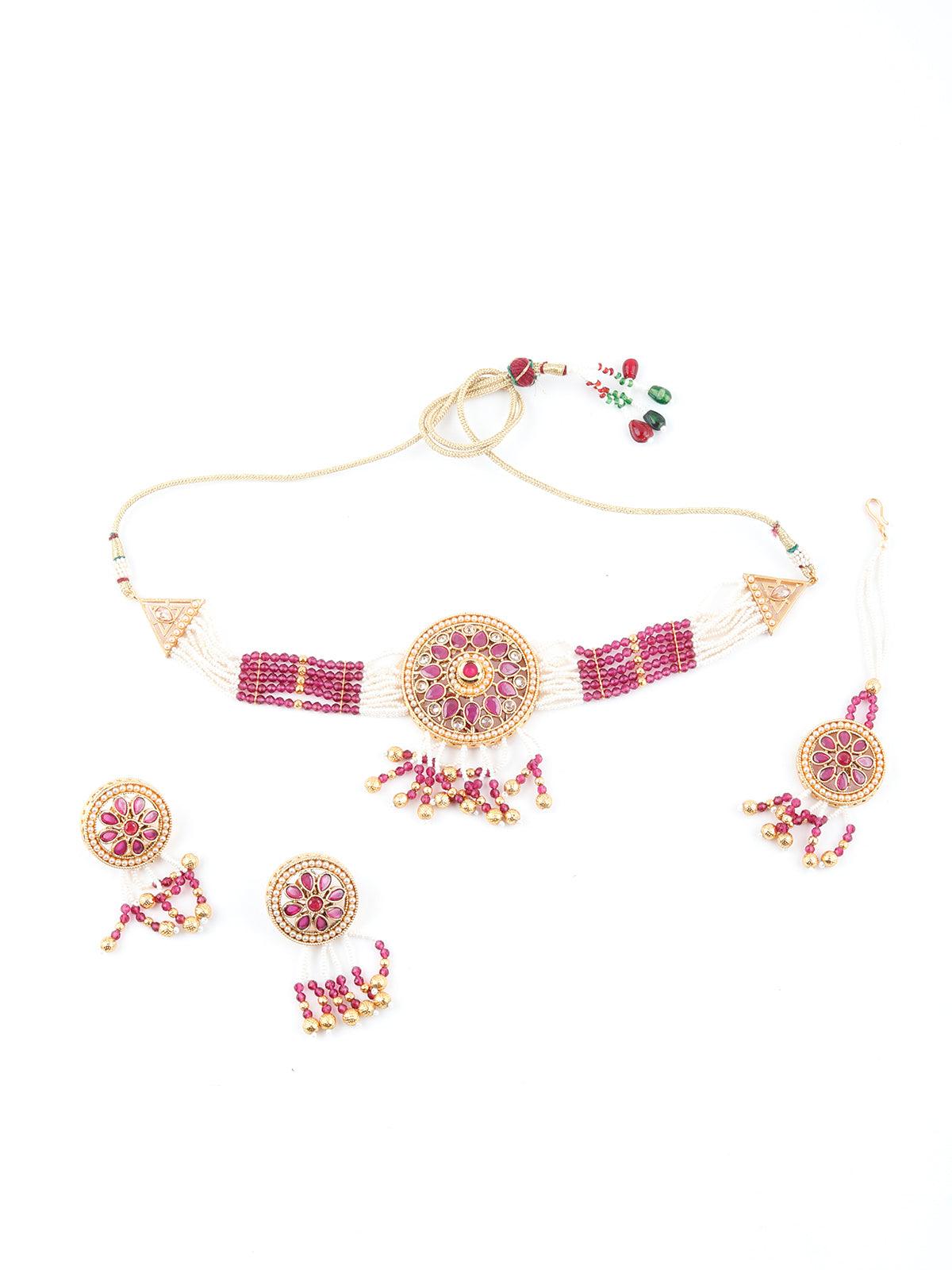 Ravishing White And Maroon Choker Necklace Set - Rajwada