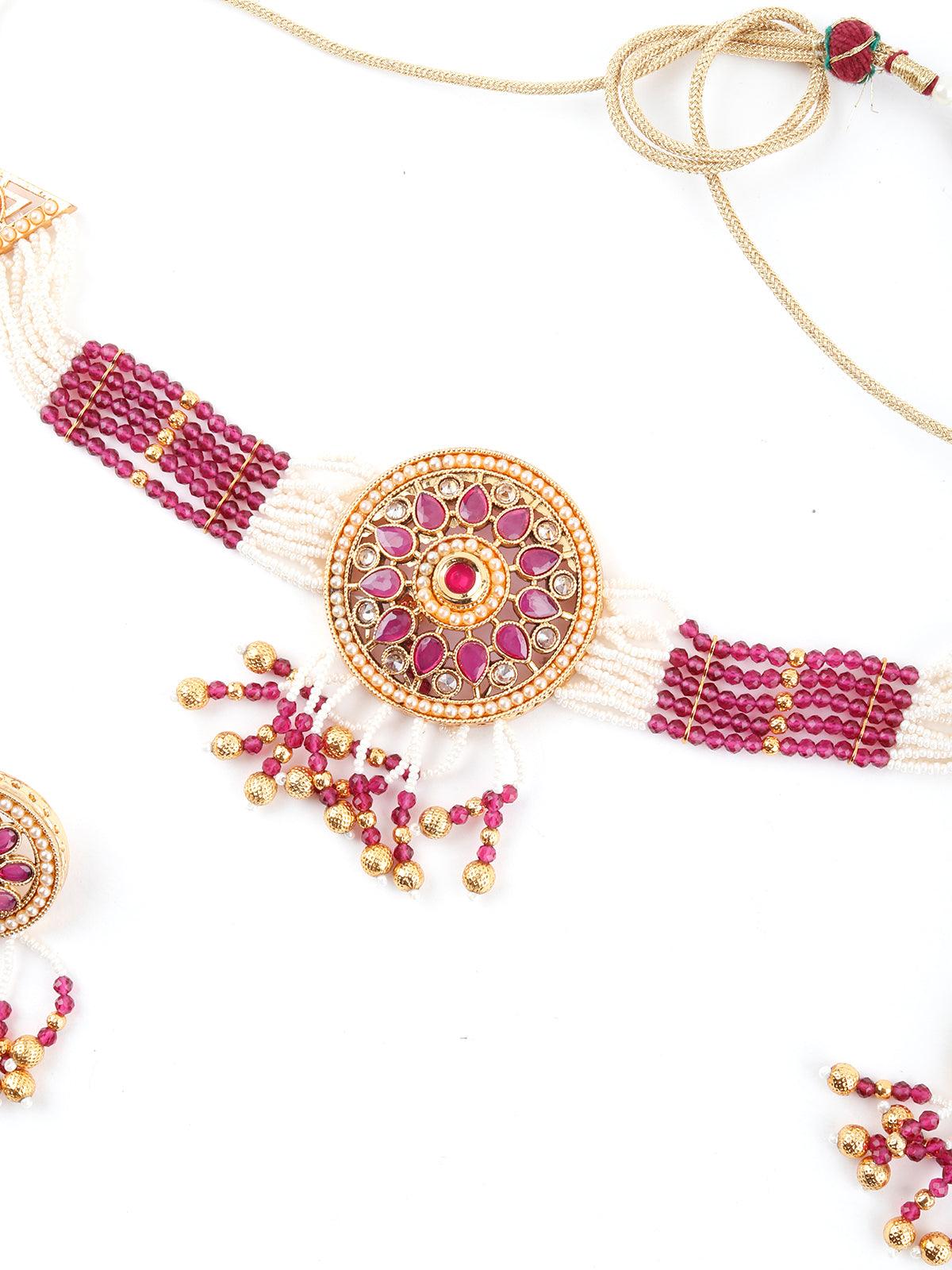 Ravishing White And Maroon Choker Necklace Set - Rajwada