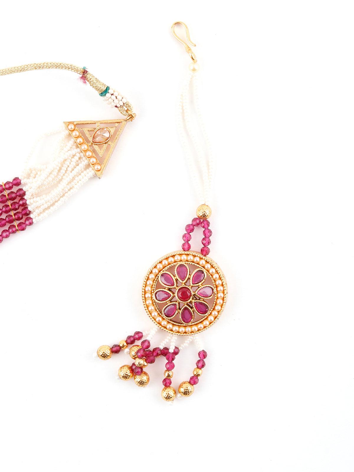 Ravishing White And Maroon Choker Necklace Set - Rajwada