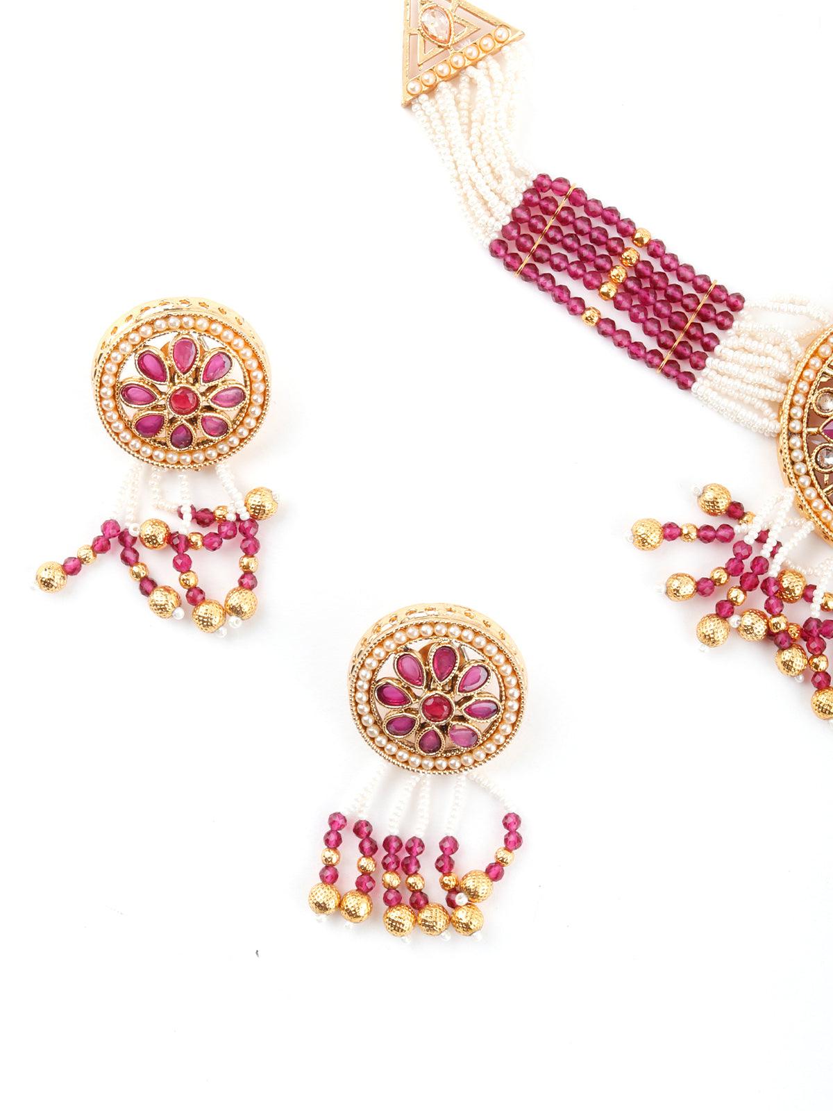 Ravishing White And Maroon Choker Necklace Set - Rajwada