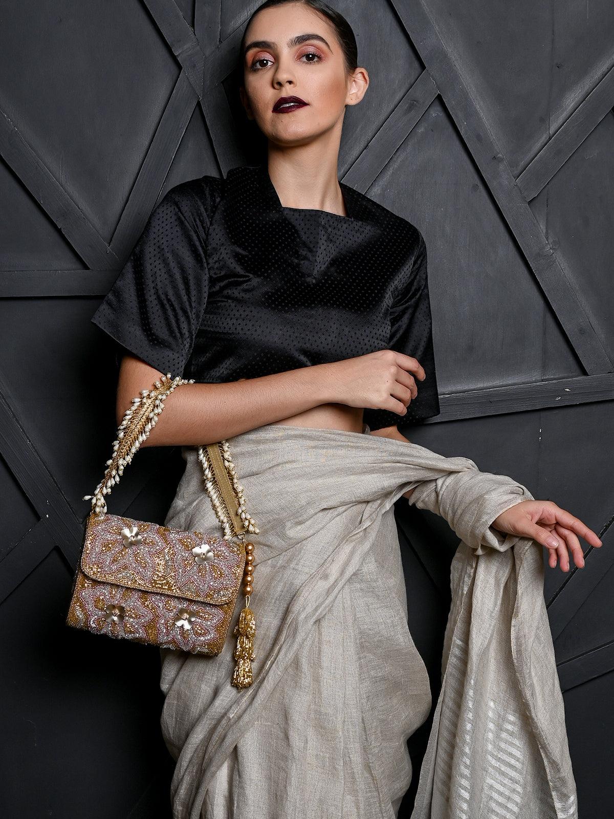Rectangular Golden And Translucent White Clutch - Rajwada
