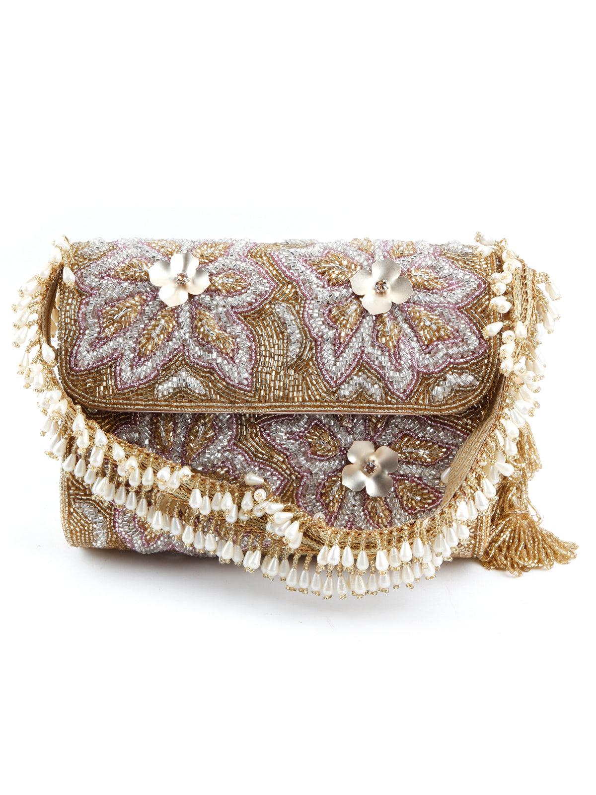 Rectangular Golden And Translucent White Clutch - Rajwada