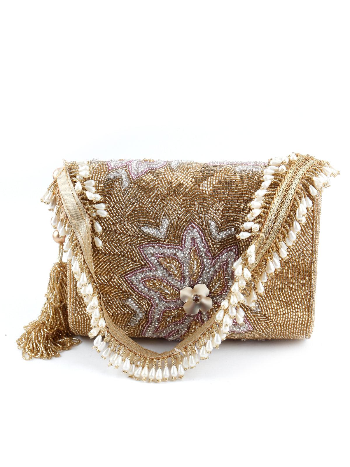 Rectangular Golden And Translucent White Clutch - Rajwada