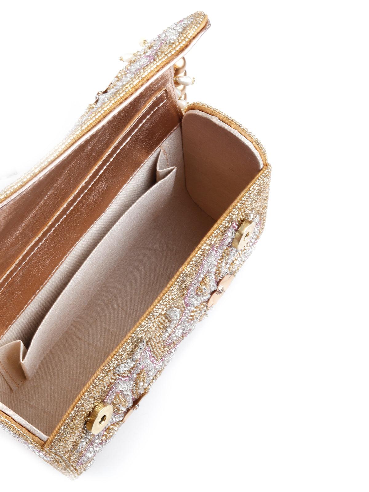 Rectangular Golden And Translucent White Clutch - Rajwada
