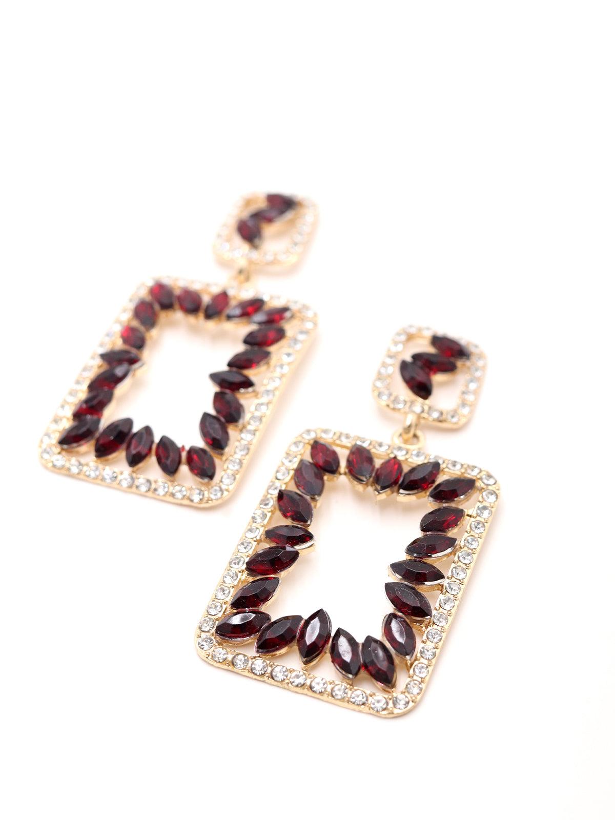 Rectangular Lovely Red & Clear Dangle Earrings - Rajwada