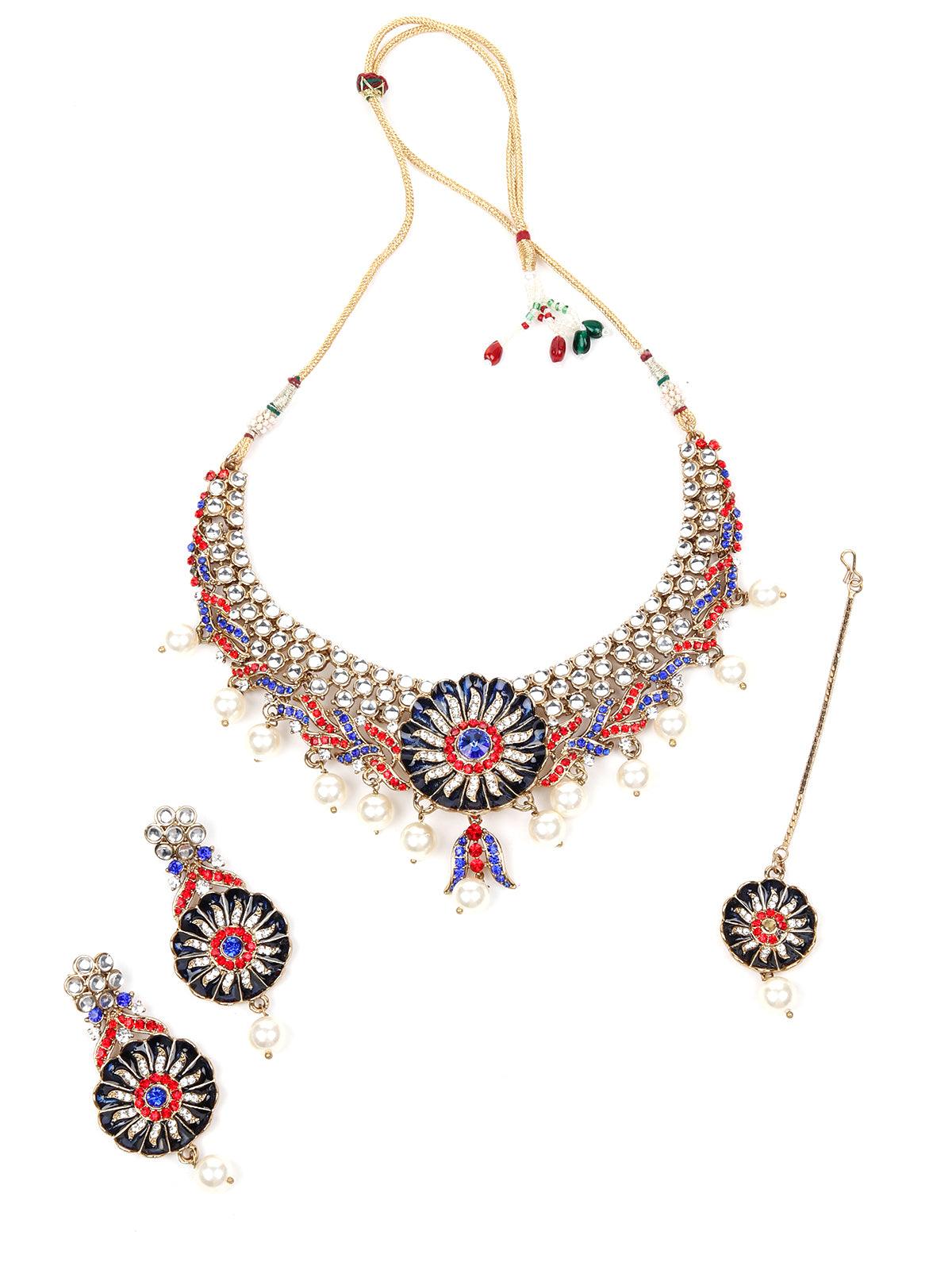 RED AND BLUE STONES AND KUNDAN SET - Rajwada
