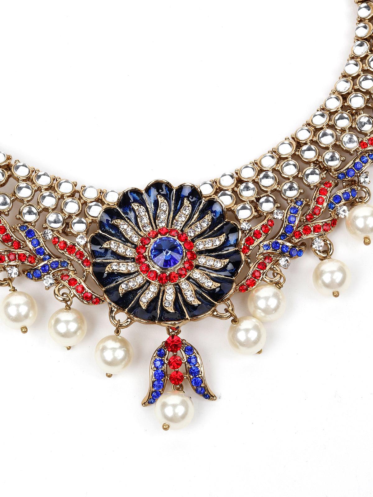 RED AND BLUE STONES AND KUNDAN SET - Rajwada