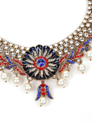 RED AND BLUE STONES AND KUNDAN SET - Rajwada