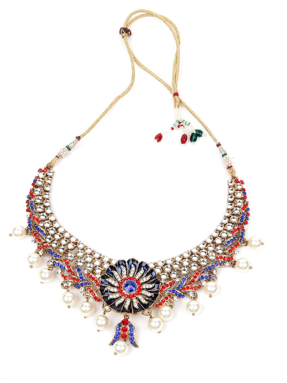 RED AND BLUE STONES AND KUNDAN SET - Rajwada
