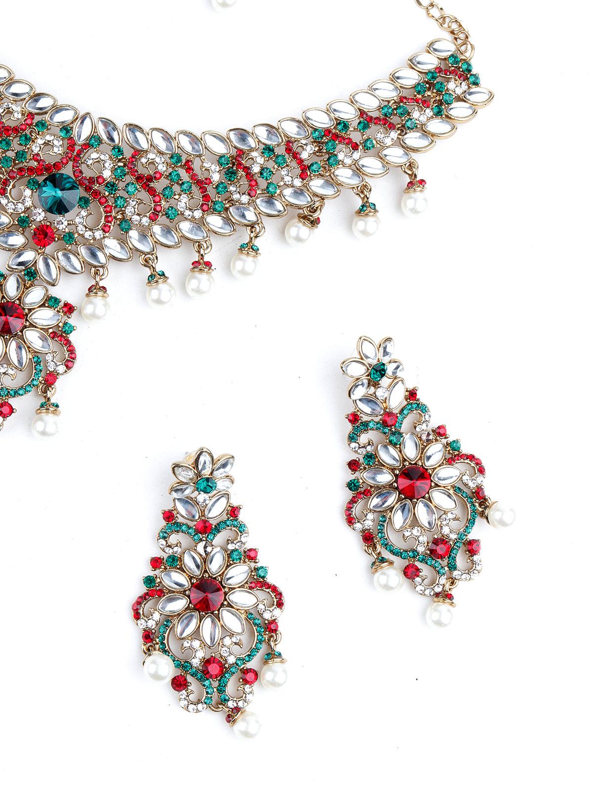Red And Green Crystal Necklace Set - Rajwada