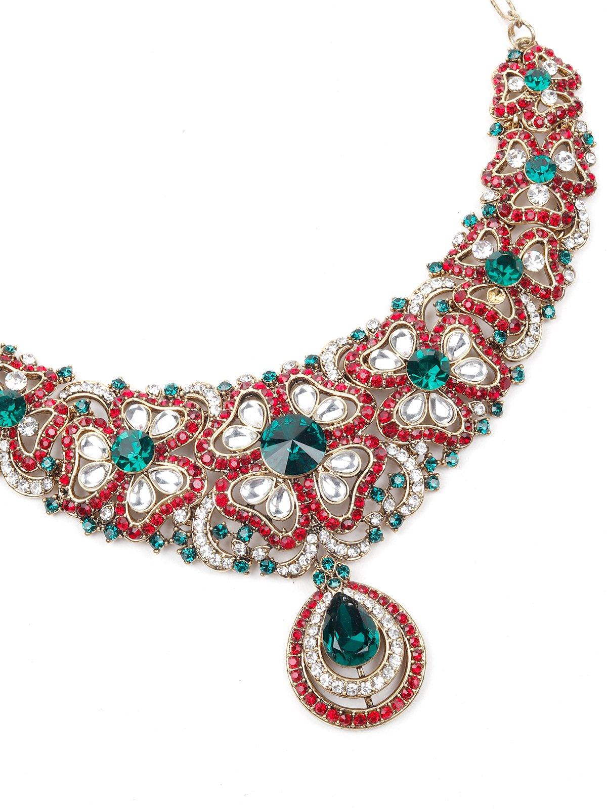 Red And Green Stone Necklace Set - Rajwada