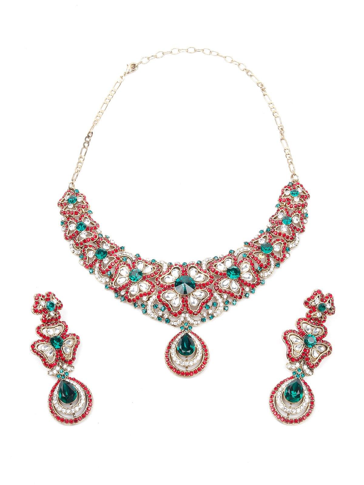 Red And Green Stone Necklace Set - Rajwada