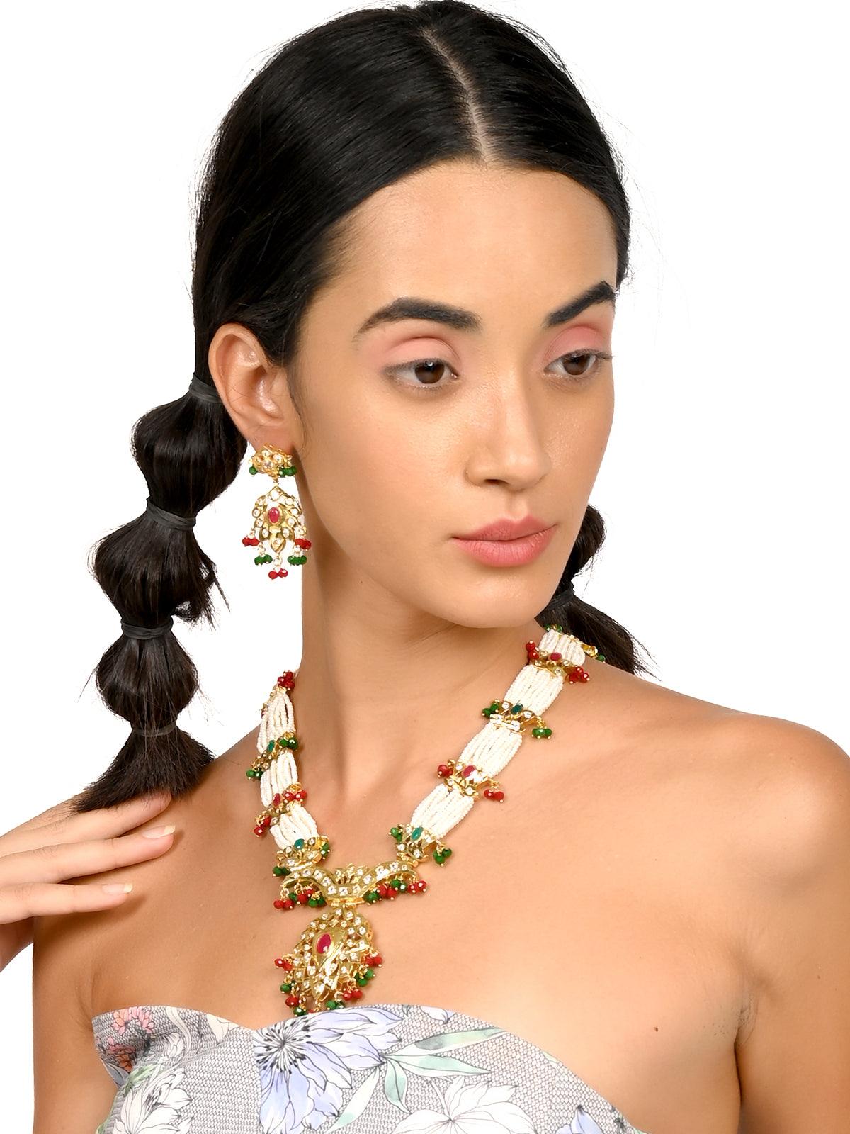 Red and green stunning beaded necklace set - Rajwada