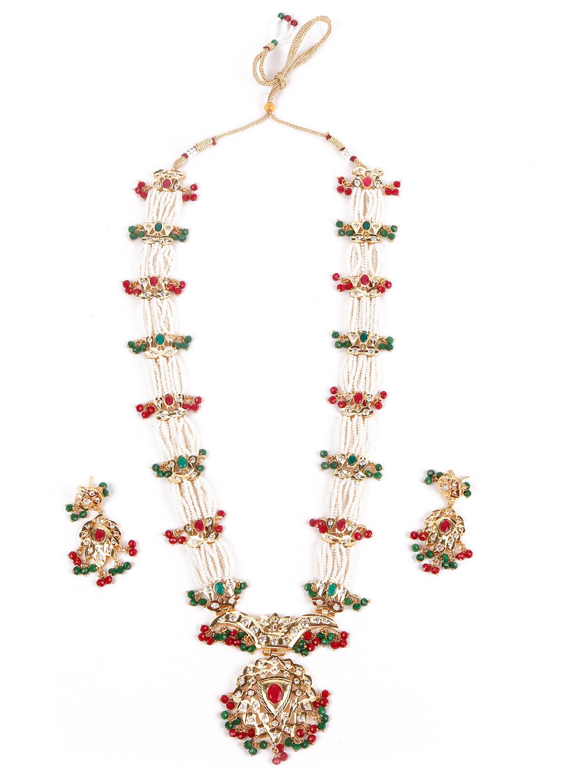 Red and green stunning beaded necklace set - Rajwada