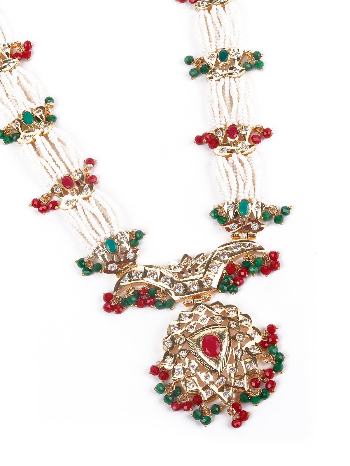 Red and green stunning beaded necklace set - Rajwada