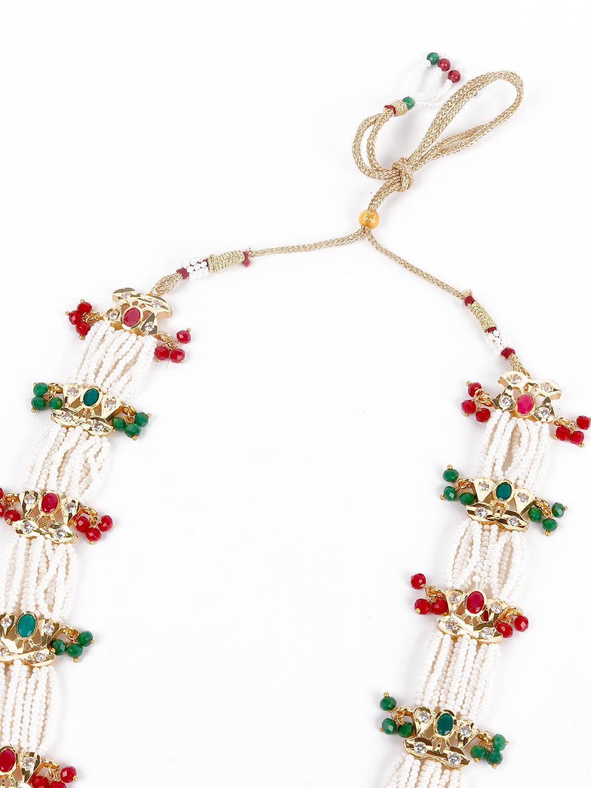 Red and green stunning beaded necklace set - Rajwada