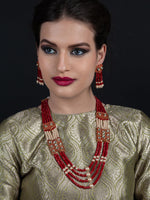 Red and typical pearl necklace with Earrings - Rajwada