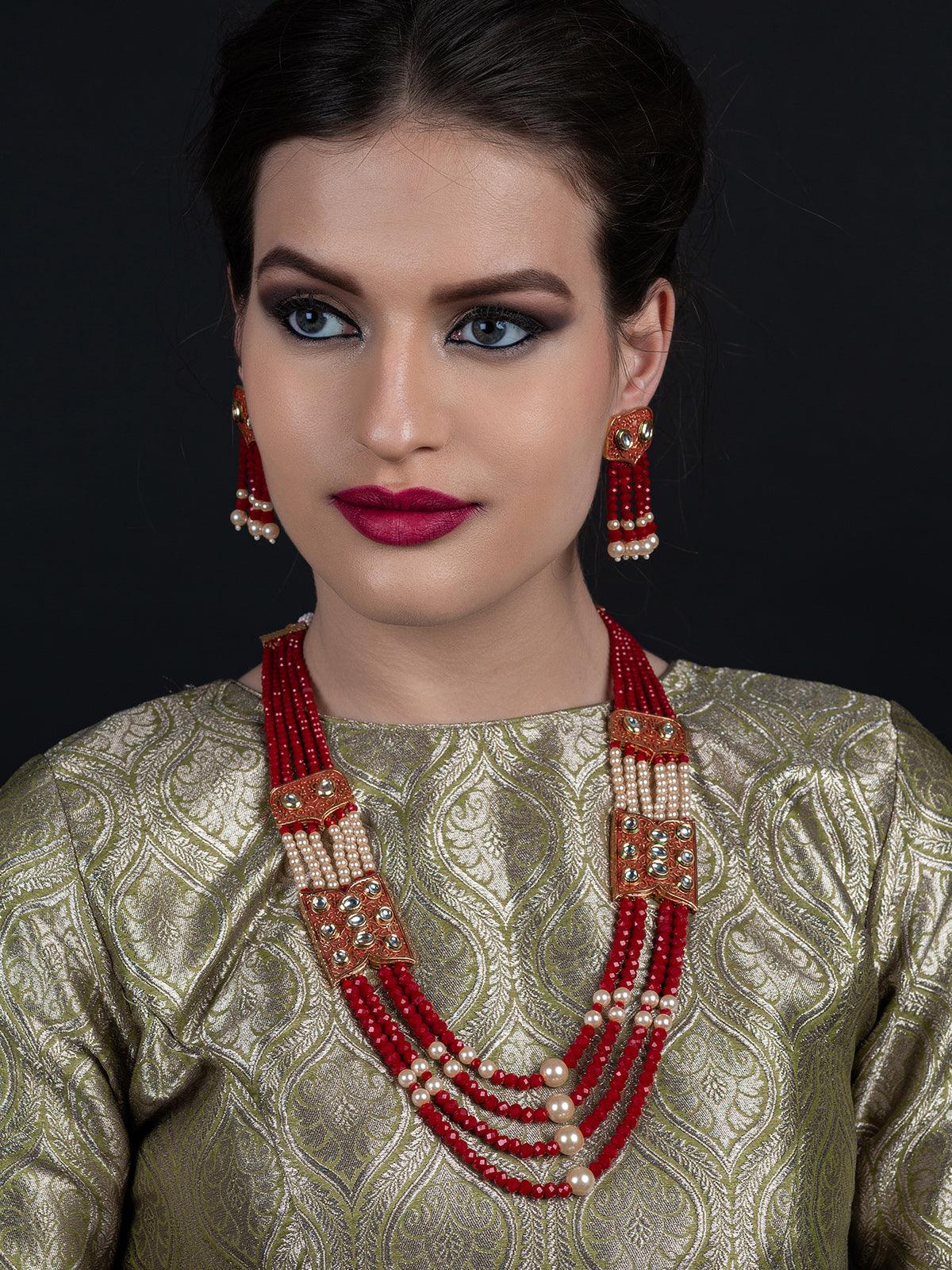 Red and typical pearl necklace with Earrings - Rajwada