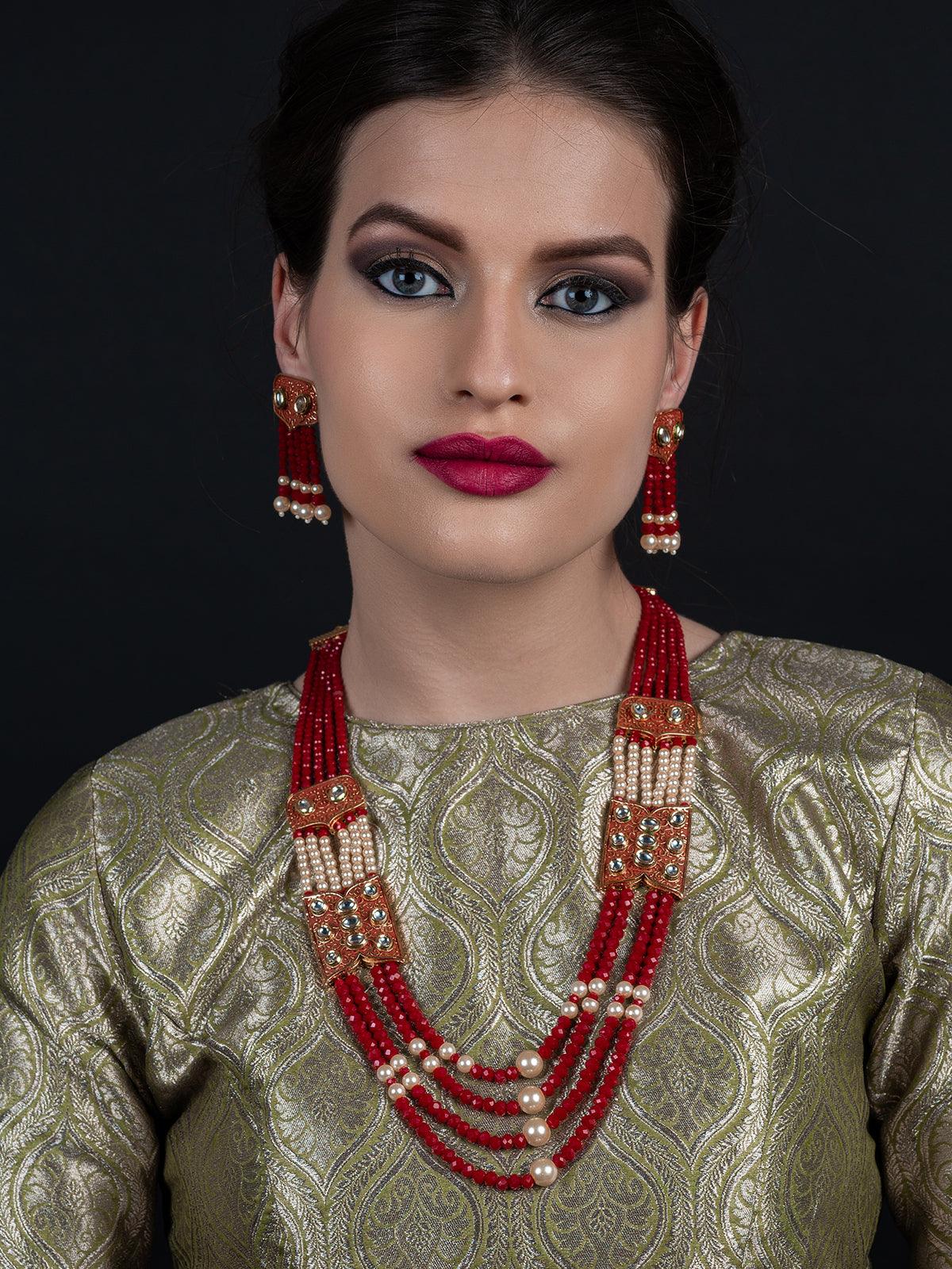 Red and typical pearl necklace with Earrings - Rajwada