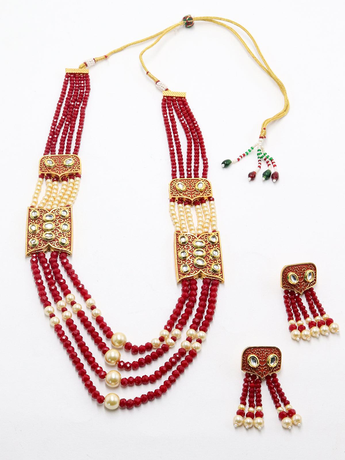 Red and typical pearl necklace with Earrings - Rajwada