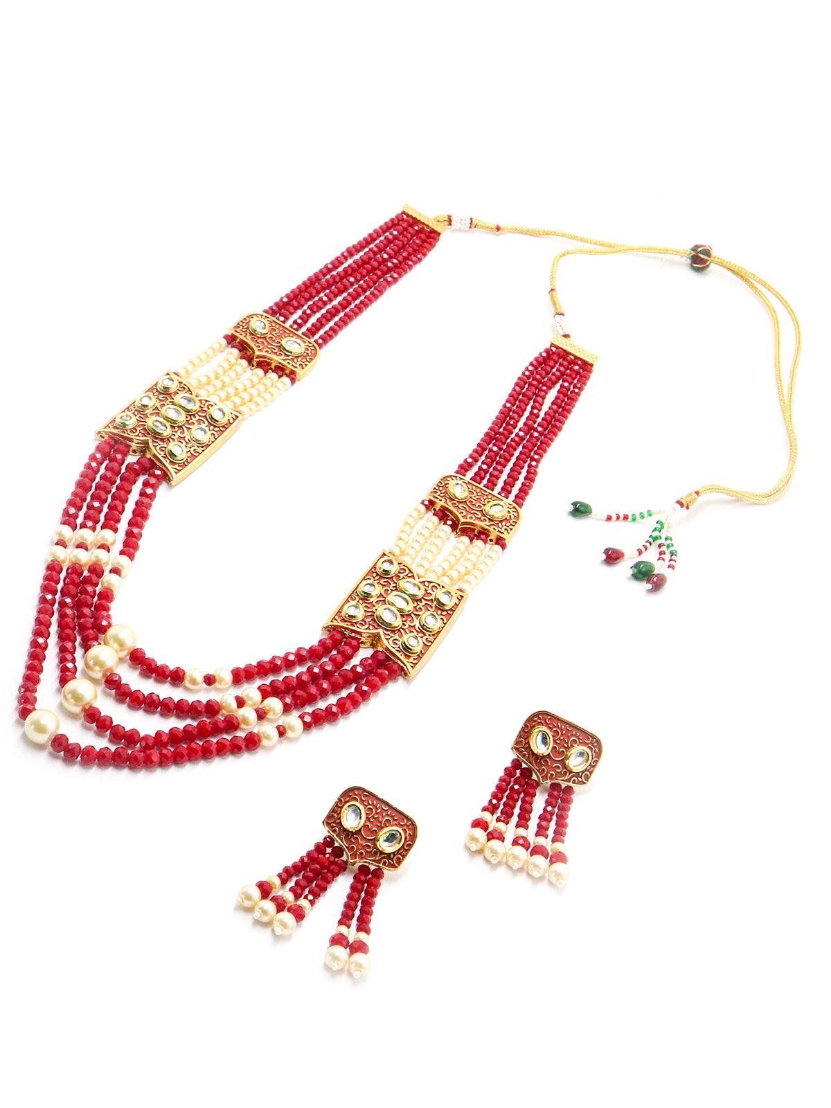 Red and typical pearl necklace with Earrings - Rajwada