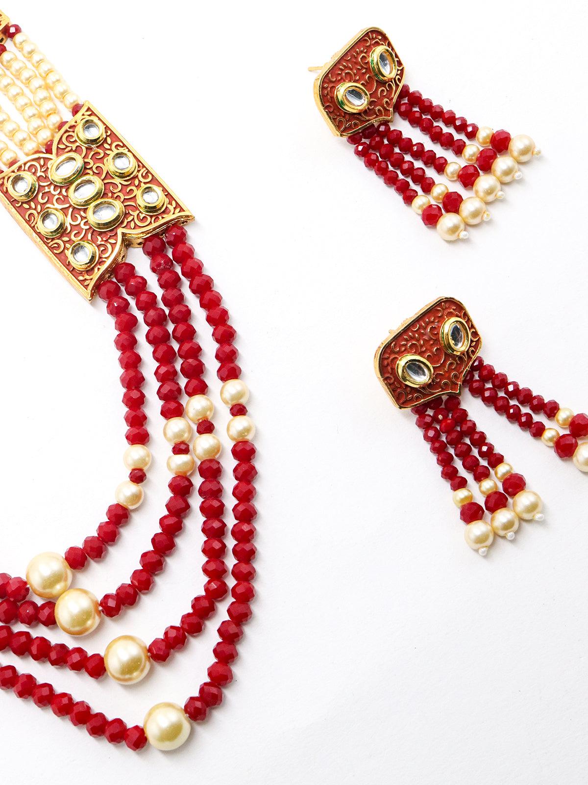 Red and typical pearl necklace with Earrings - Rajwada