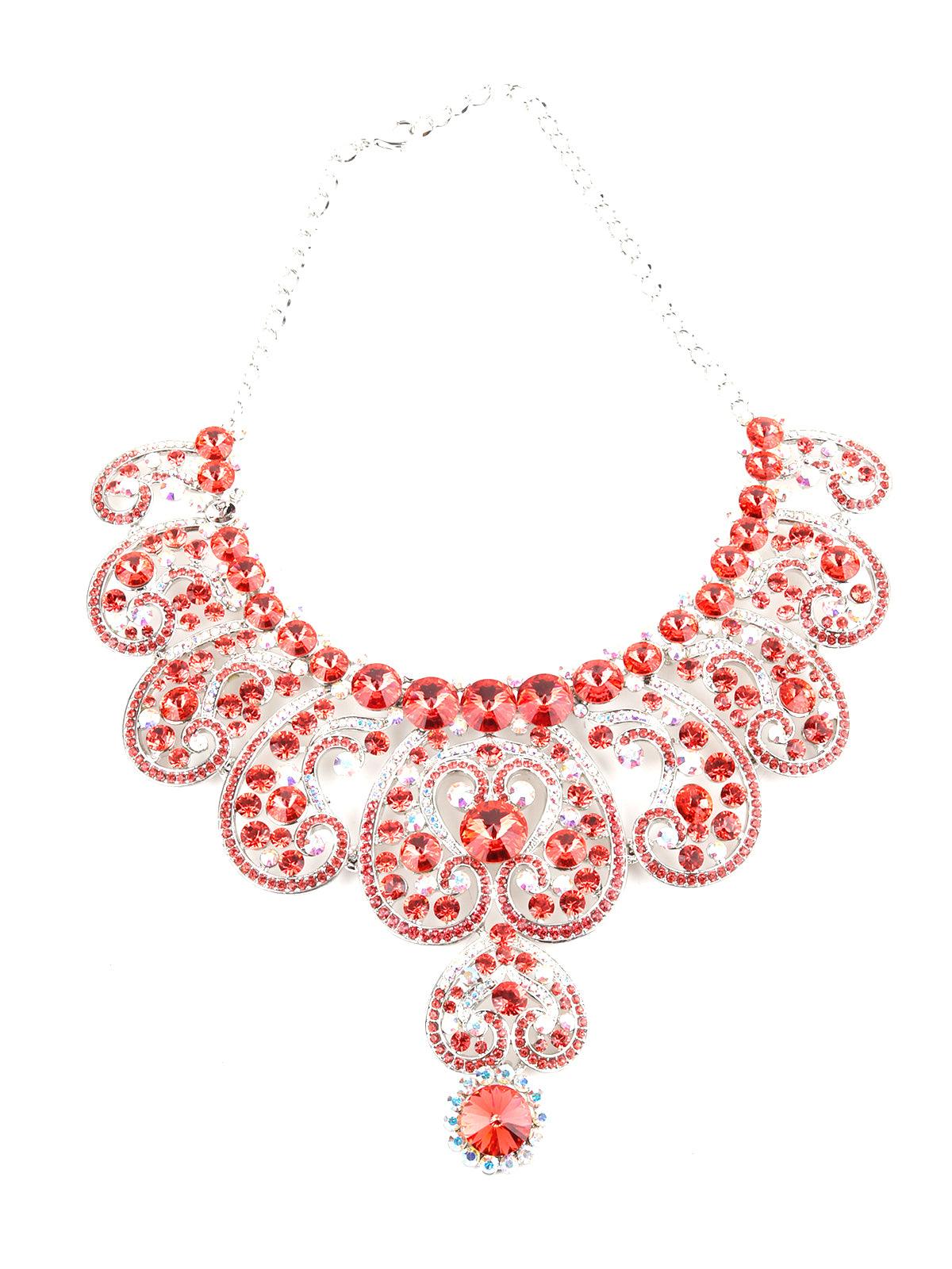 Red And White Crystal Floral Necklace Set - Rajwada