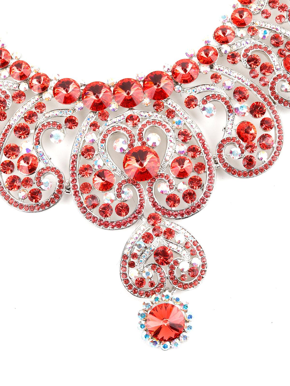 Red And White Crystal Floral Necklace Set - Rajwada