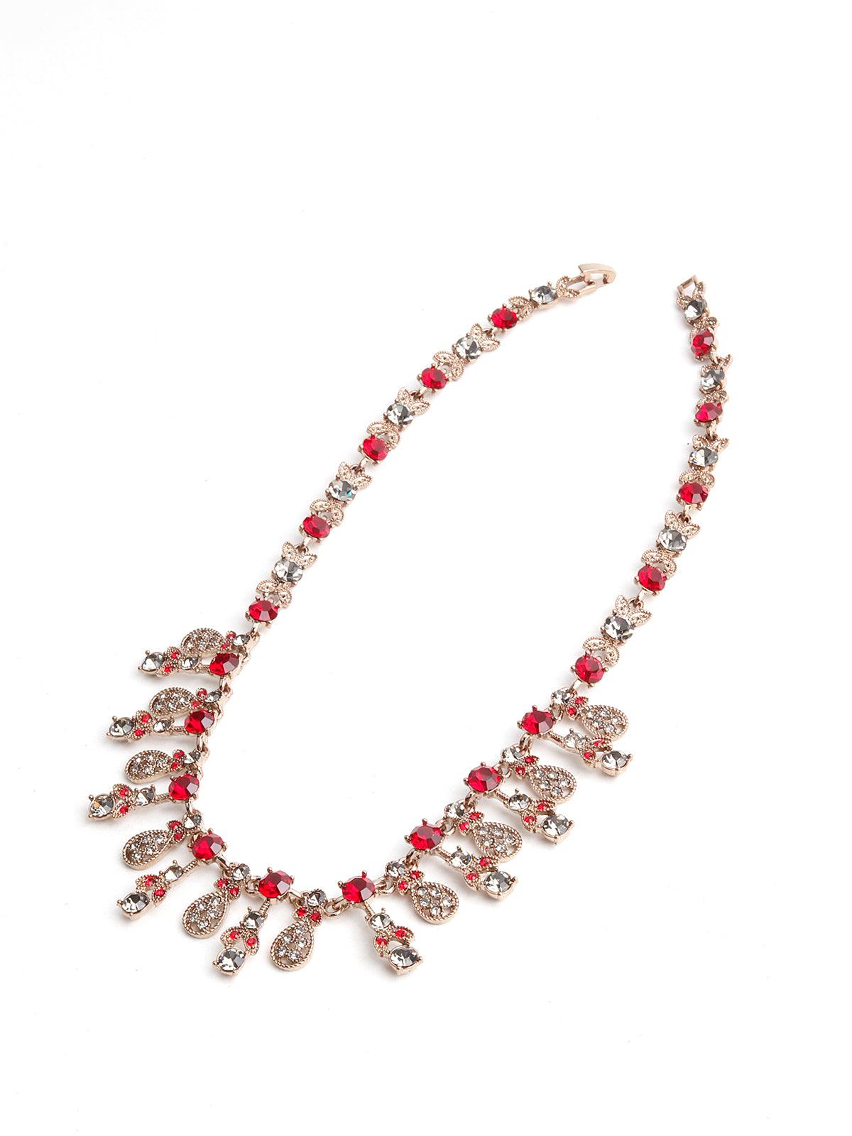 Red & white embellished necklace set - Rajwada
