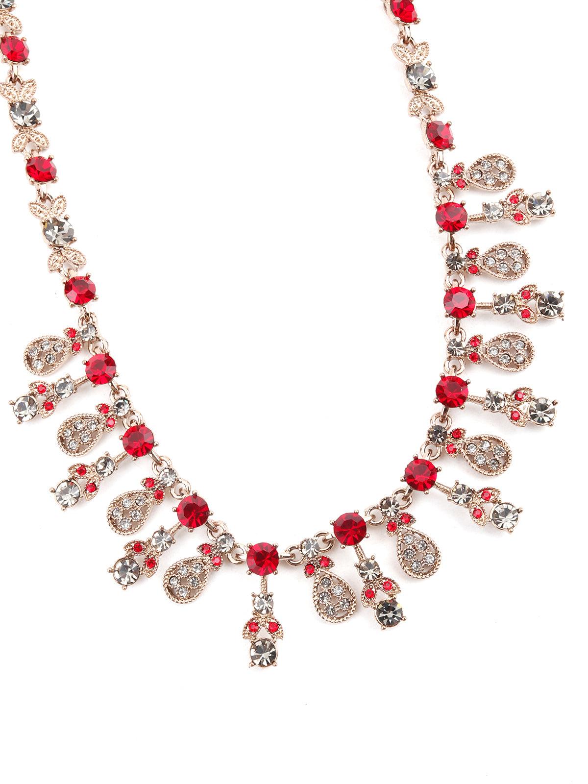 Red & white embellished necklace set - Rajwada