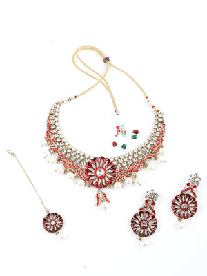 Red And White Floral Kundan Choker Necklace Set - Rajwada