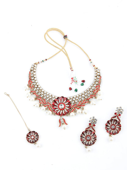 Red And White Floral Kundan Choker Necklace Set - Rajwada