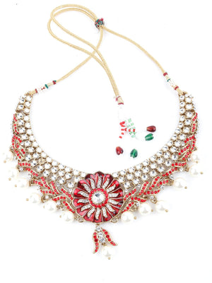 Red And White Floral Kundan Choker Necklace Set - Rajwada