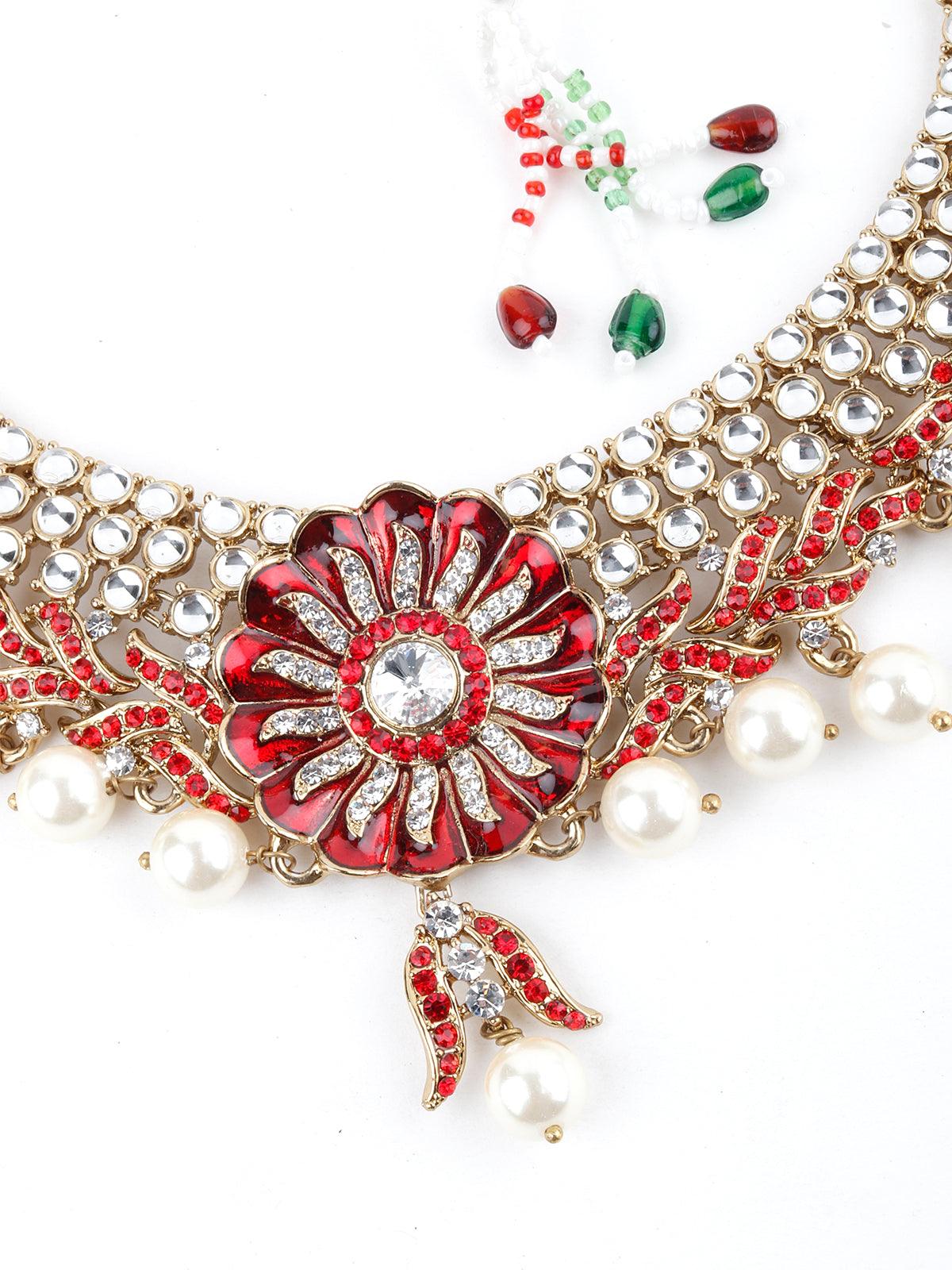 Red And White Floral Kundan Choker Necklace Set - Rajwada