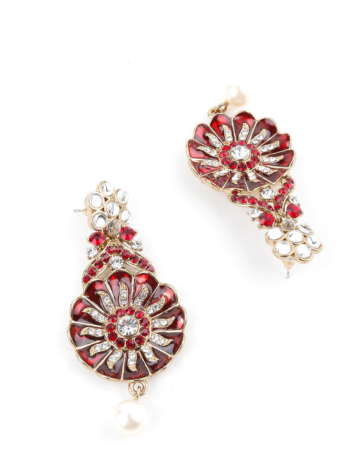 Red And White Floral Kundan Choker Necklace Set - Rajwada