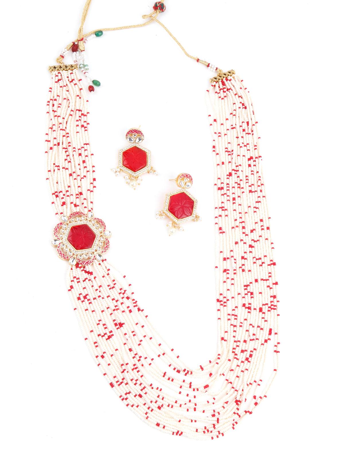 Red and White Kundan Jewellery Set - Rajwada