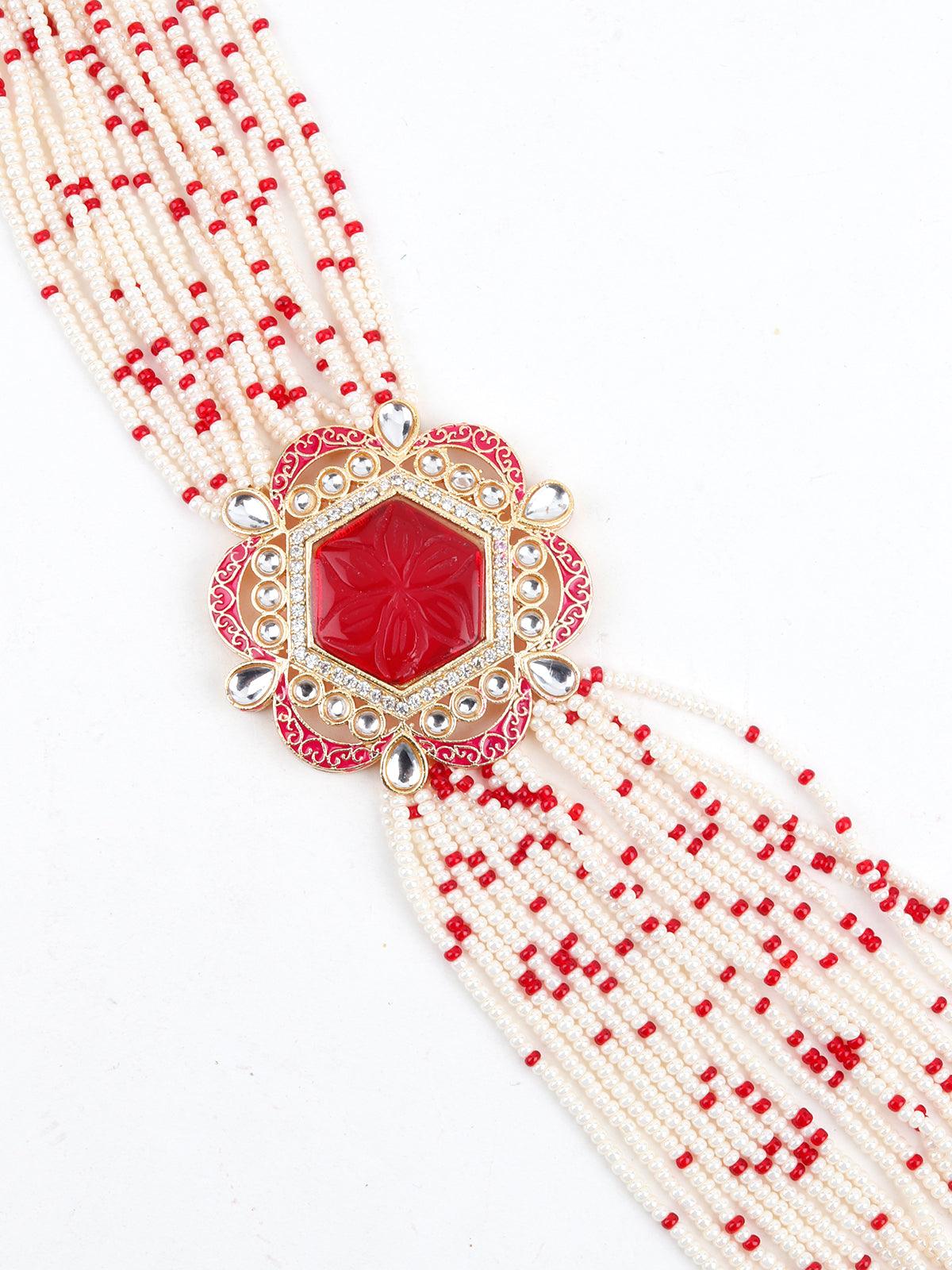Red and White Kundan Jewellery Set - Rajwada