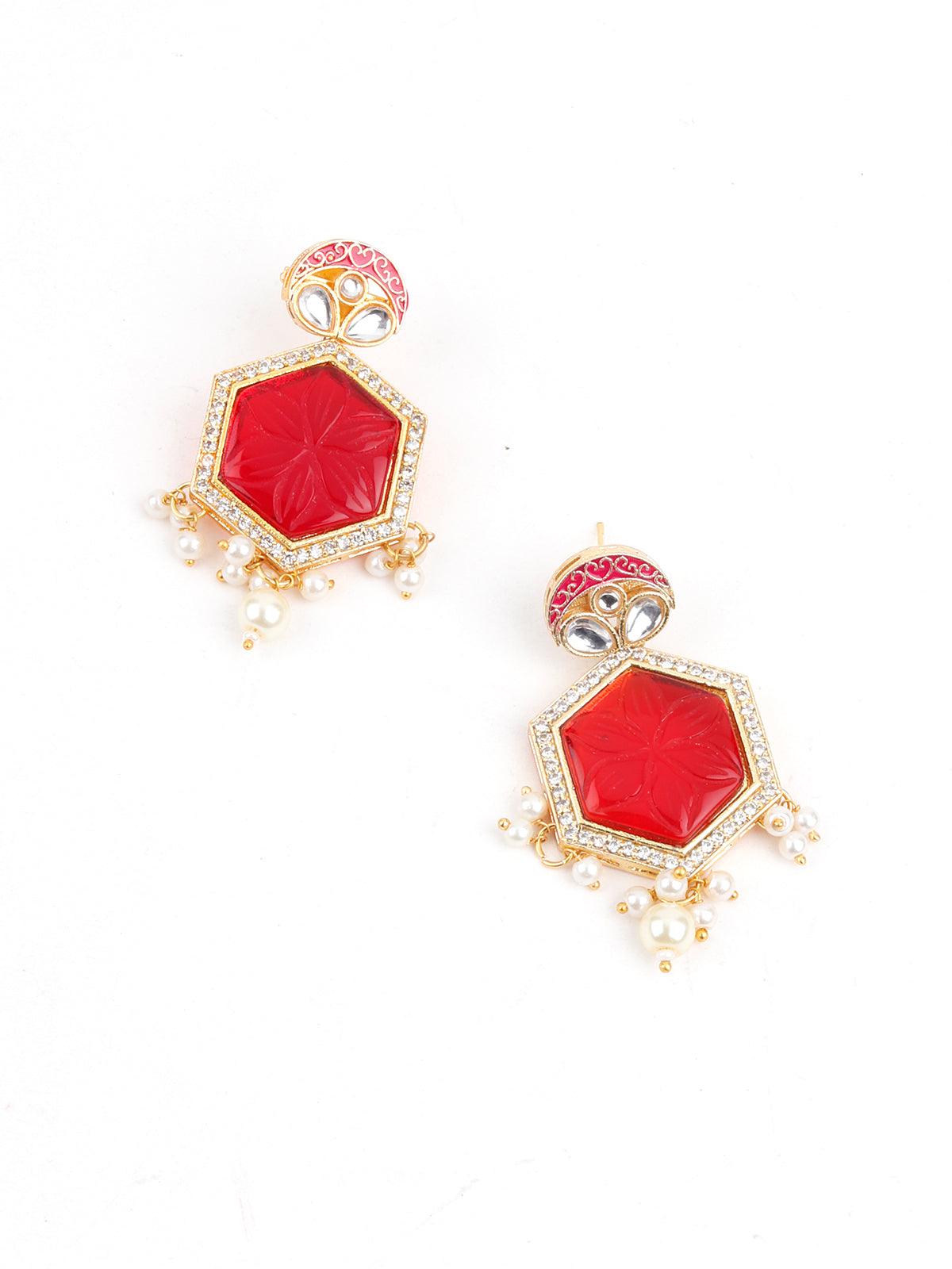 Red and White Kundan Jewellery Set - Rajwada