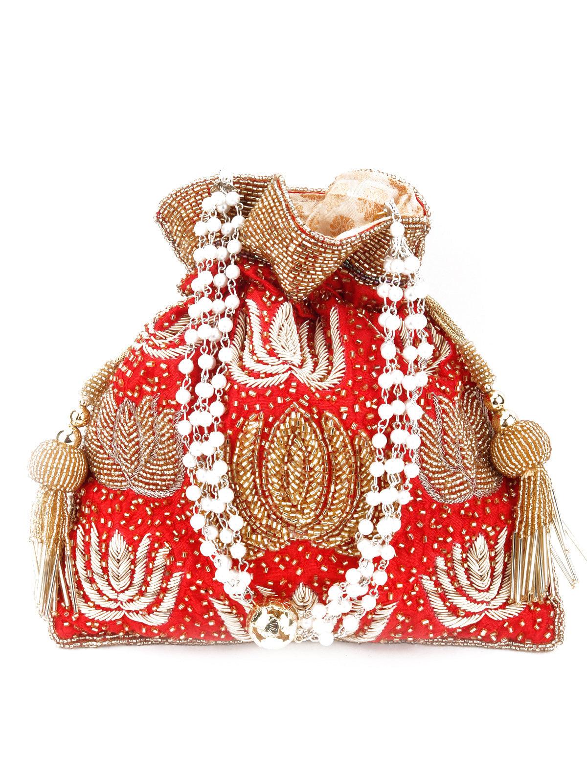 Red Beautiful Tassel Potli Handbag - Rajwada
