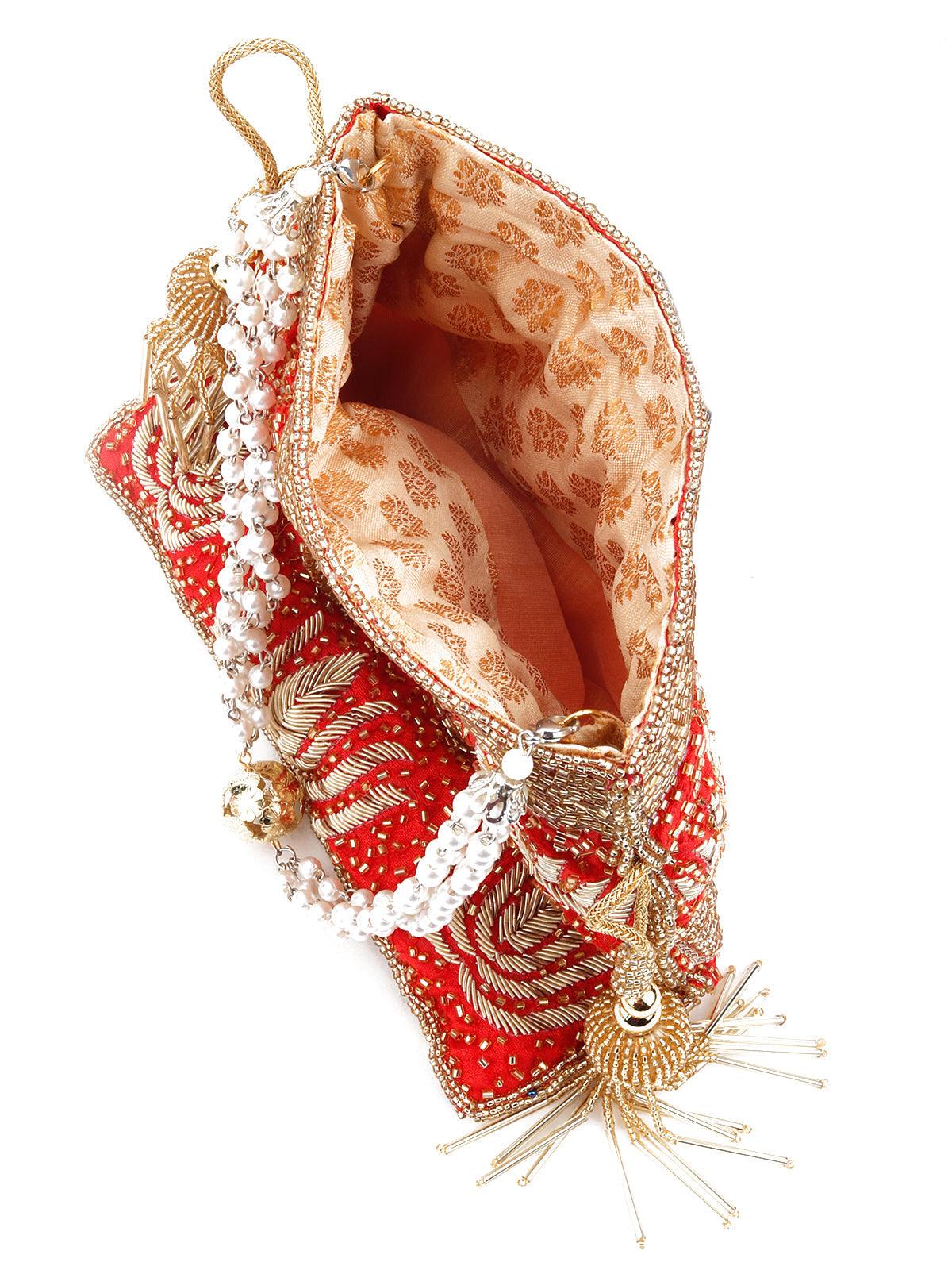 Red Beautiful Tassel Potli Handbag - Rajwada