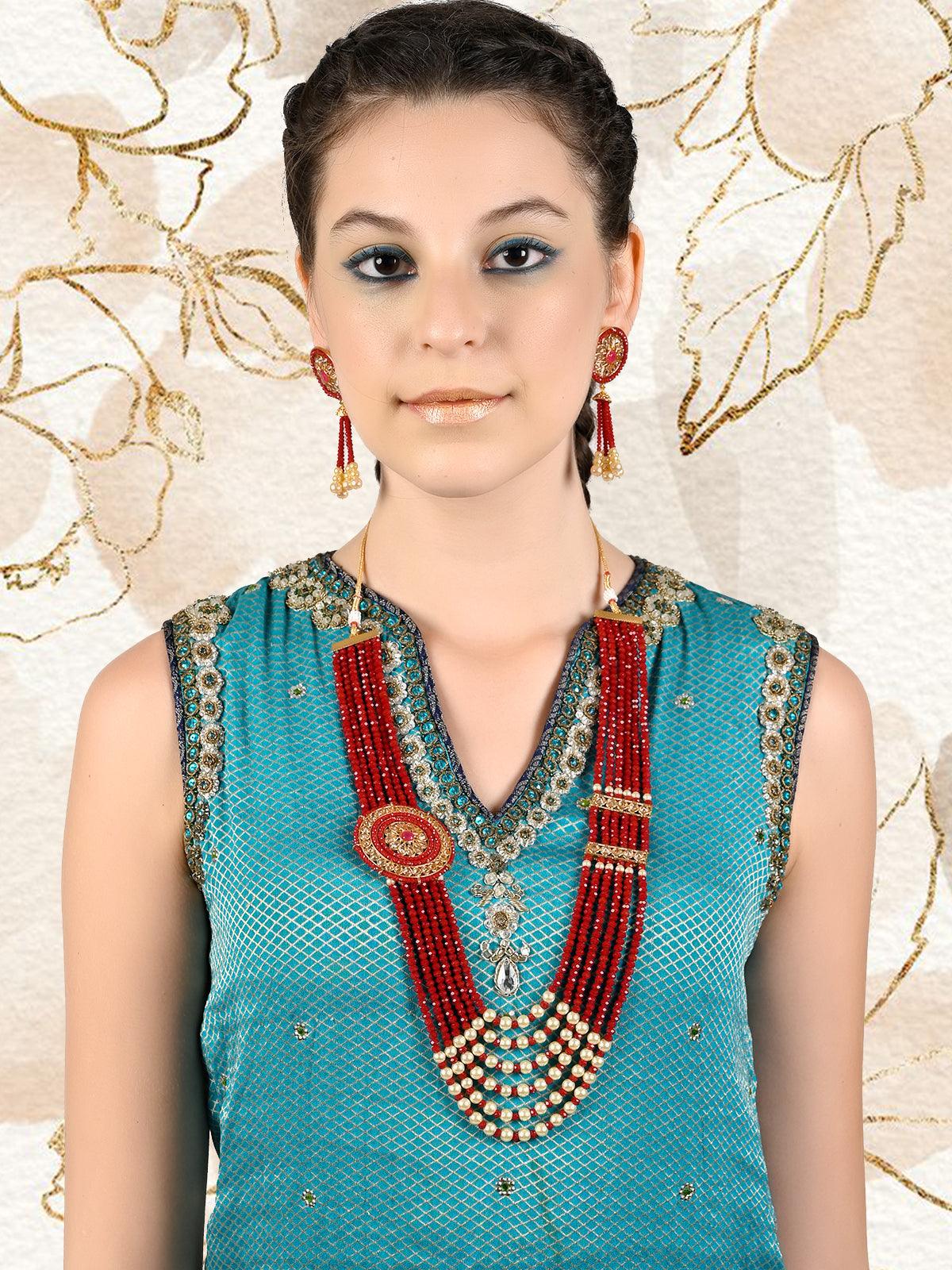 Red Bright Onyx-Pearl Necklace Set - Rajwada