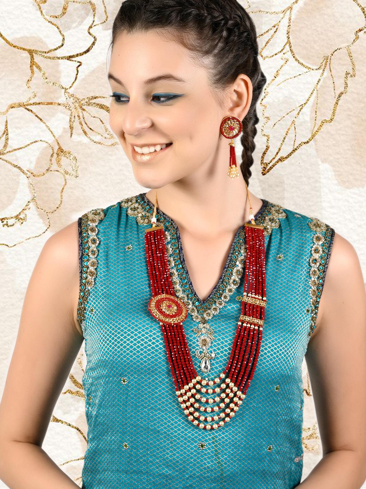 Red Bright Onyx-Pearl Necklace Set - Rajwada