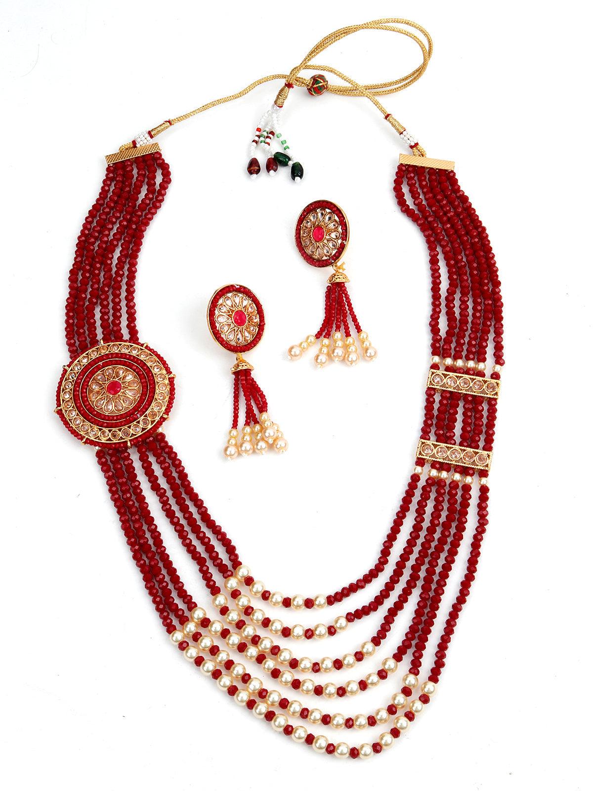 Red Bright Onyx-Pearl Necklace Set - Rajwada