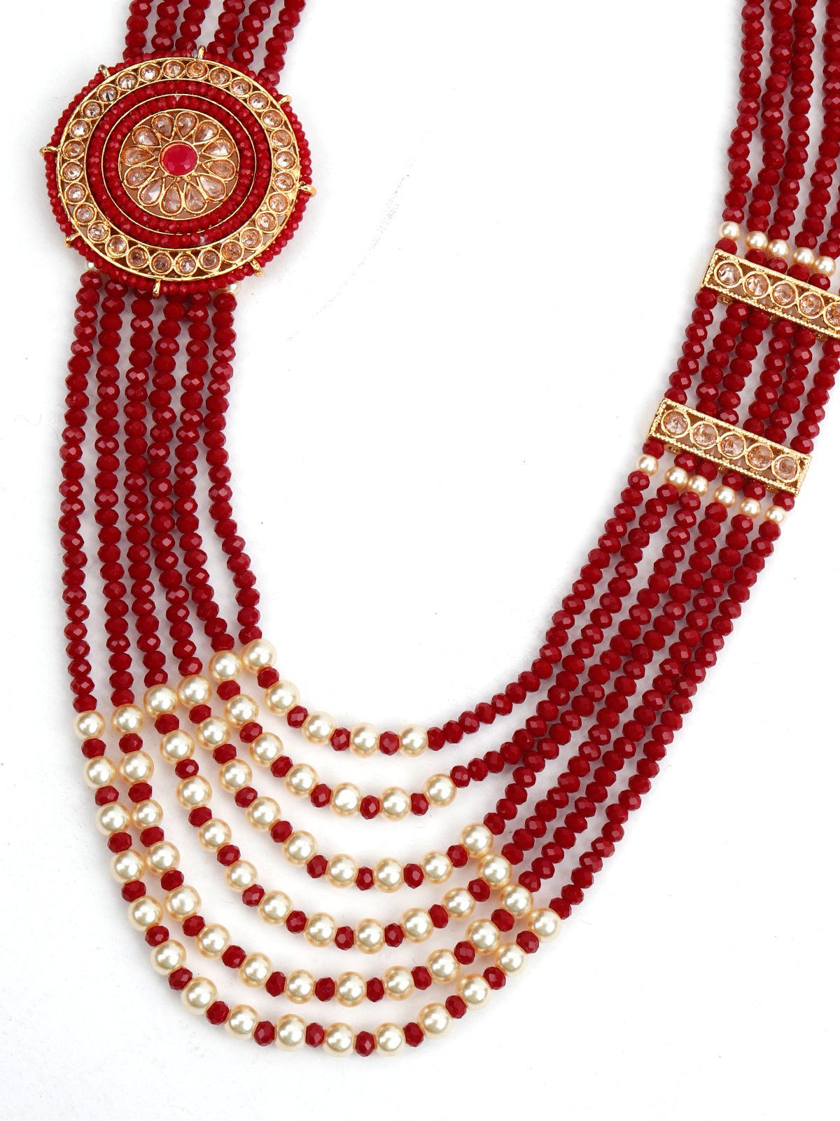 Red Bright Onyx-Pearl Necklace Set - Rajwada