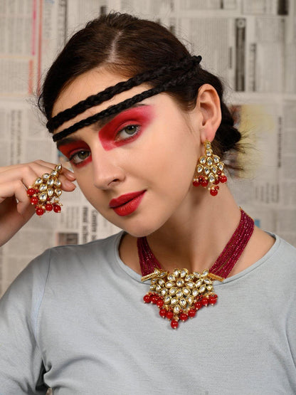 Red Elegant Kundan Necklace Set - Rajwada