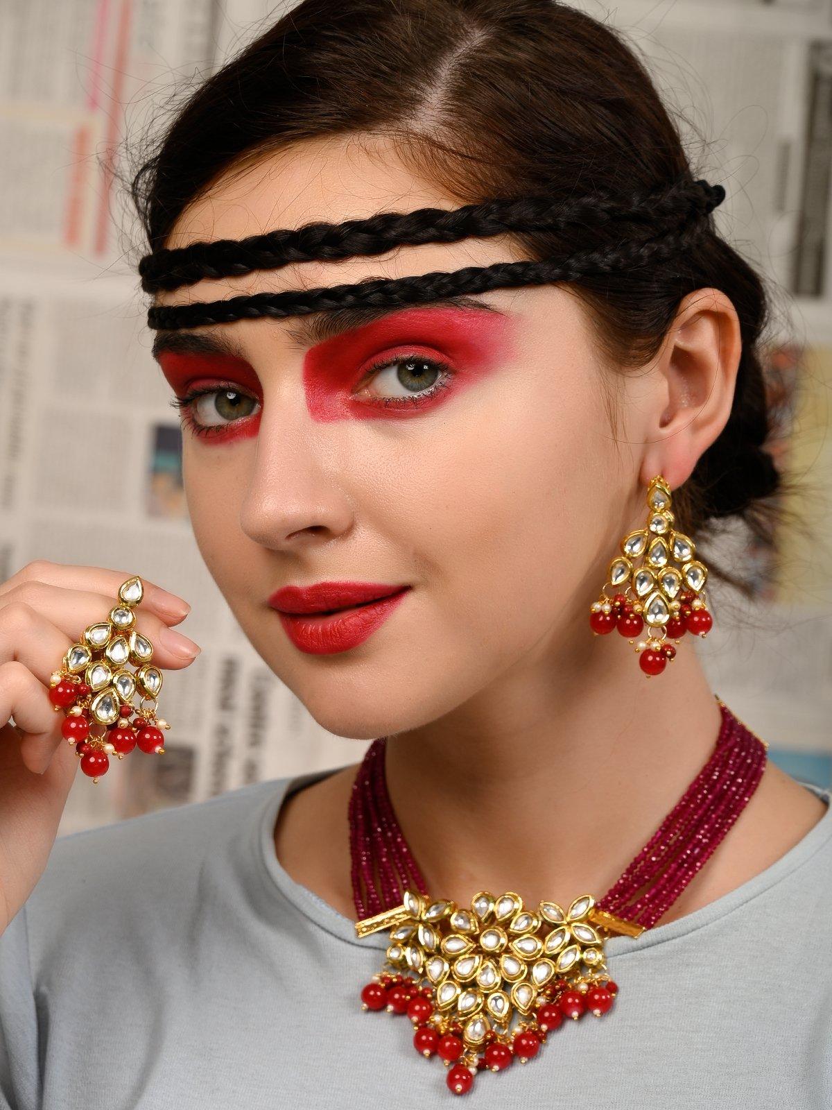 Red Elegant Kundan Necklace Set - Rajwada