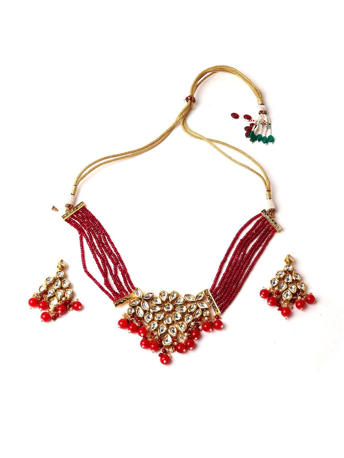 Red Elegant Kundan Necklace Set - Rajwada
