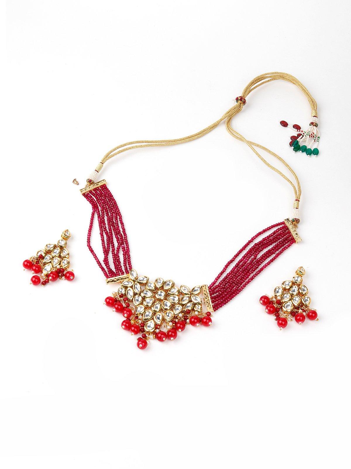 Red Elegant Kundan Necklace Set - Rajwada