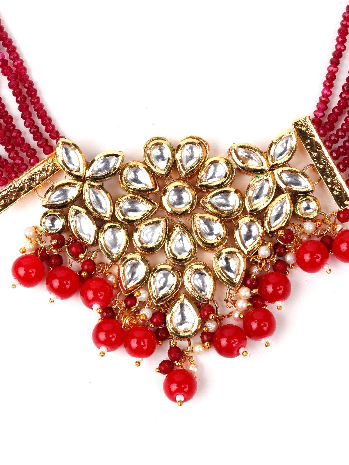 Red Elegant Kundan Necklace Set - Rajwada